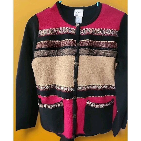 Vintage Koret 100% Wool Cardigan Striped Small Excellent Unique CR50 - Picture 1 of 6